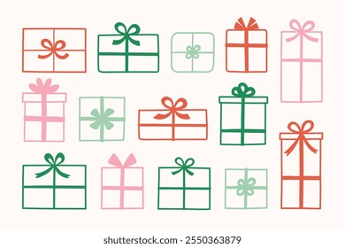 Set with cute cartoon presents. Christmas decoration. Vector illustration