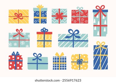 Set with cute cartoon presents. Christmas decoration. Vector illustration