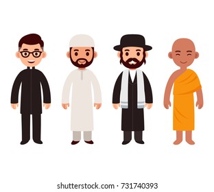 Set of cute cartoon priests of different world religions. Buddhist monk, Christian (catholic) pastor, Jewish rabbi and Muslim imam. Flat vector characters illustration.