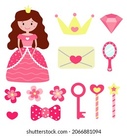 Montaje de adorable princesa de dibujos animados con hermoso vestido rosa y sus accesorios. varita mágica, llave, carta de amor, diamante, corona, espejo y otras cosas. Ilustración para tarjetas de felicitación, ropa, afiche. 