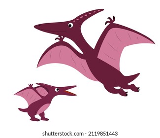 A set of cute cartoon pterodactyl dinosaurs, baby and adult dinosaur. vector isolated on a white background
