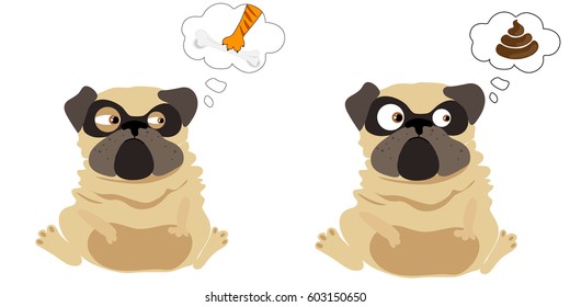 Set of cute cartoon pugs with comic speech bubbles icon. Vector illustration.