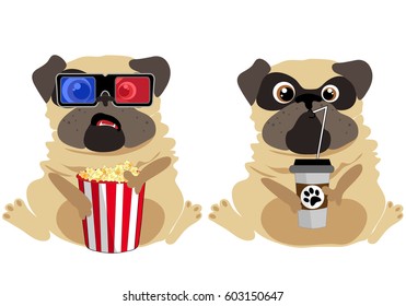 Set of cute cartoon pugs holding popcorn and cup of coffee. Vector illustration.