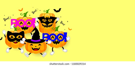 Set of cute cartoon pumpkin character design. Happy Halloween day concept with mask of black cat, bat, boo! and witch. Illustration isolated on yellow background.