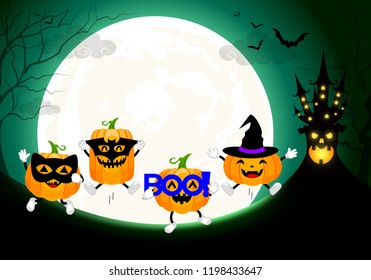 Set of cute cartoon pumpkin character design. Happy Halloween day concept with mask of black cat, bat, boo! and witch. Illustration full moon night background.