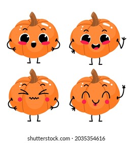 Conjunto con un personaje de calabaza de dibujos animados adorable con diferentes emociones Ilustración vectorial.