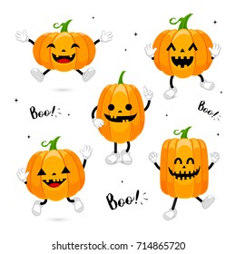 Set of cute cartoon pumpkin character design. Happy Halloween day concept. Illustration isolated on white background.