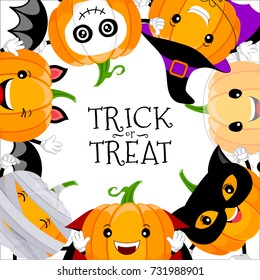 Set of cute cartoon pumpkin character design. Happy Halloween day concept with Dracula, skull, ghost, bat, mummy, witch and black cat. Illustration isolated on white background.