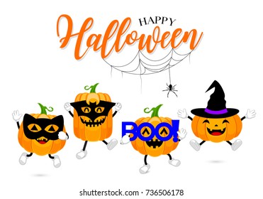 Set of cute cartoon pumpkin character design. Happy Halloween day concept with mask of black cat, bat, boo! and witch. Illustration isolated on white background.