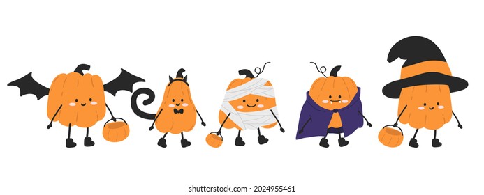 Set of cute cartoon pumpkins in halloween character costumes.  Hand-drawn vector illustration.