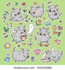 Set with cute cartoon puppies and plants. Doodle floral poster. Spring vector print with dog. Funny animals sticker pack.