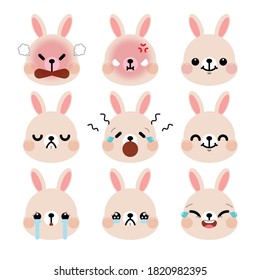 Set of cute cartoon rabbit emoji set isolated on white background. Vector Illustration.