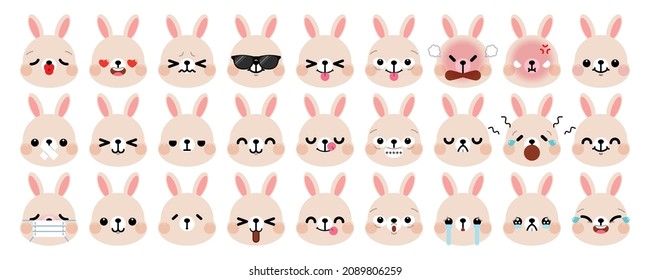 Set of cute cartoon rabbit emoji isolated on white background. Vector Illustration.