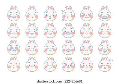 Set of cute cartoon rabbit emoji. Isolated sticker pack on white background. Kawaii vector illustration in modern style.