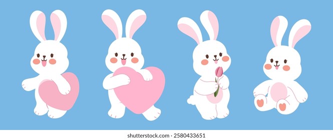 A set of cute cartoon rabbit holding a heart perfect for Valentine's Day, love-themed projects, or Easter Day.