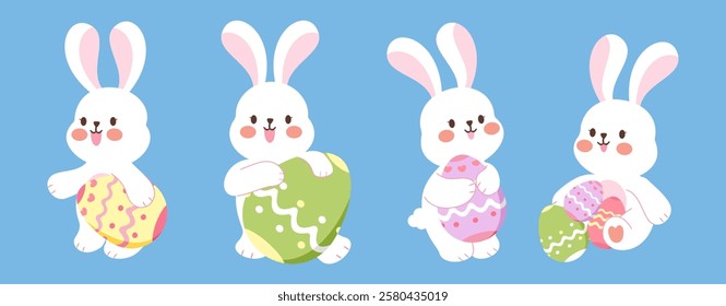 A set of cute cartoon rabbit holding an Easter egg perfect for Easter-themed designs.