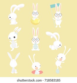 Set of cute cartoon rabbit in modern flat style. Animal character design. 
