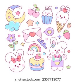 Set of cute cartoon rabbit sticker vector illustration.