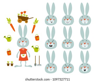 Set of cute cartoon rabbit with various emotions. Vector animals set