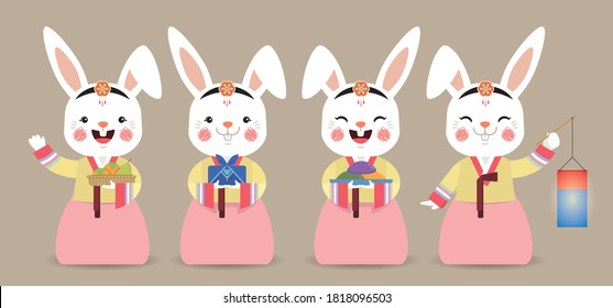 Set of cute cartoon rabbit wearing Korea hanbok with persimmons, gift, songpyeon & lantern. Chuseok or Korea Thanksgiving Day character design. Flat vector illustration. 