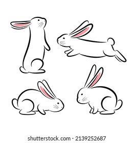 Set of cute cartoon rabbits, black brush strokes illustration on white background, vector