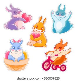 Set of cute cartoon rabbits. Bunny with heart. Bicycle. Greeting. Sticker. Vector illustration.T-shirt print. Greeting card