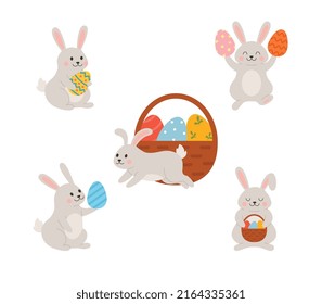 Set of cute cartoon rabbits with colored eggs flat style, vector illustration isolated on white background. Pretty smiling animals in different poses, Easter