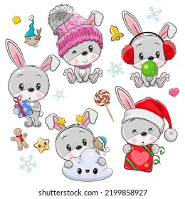 Set of Cute Cartoon Rabbits isolated on a white background