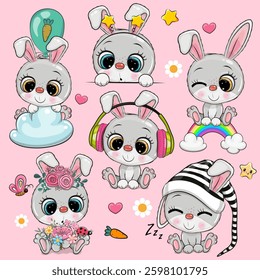 Set of Cute Cartoon Rabbits isolated on a pink background