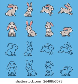 Set of cute cartoon rabbits isolated on blue background. Vector illustration.