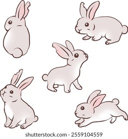 A set of cute cartoon rabbits in various poses, illustrated in soft pastel colors with expressive features