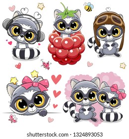 Set of Cute Cartoon Raccoons on a white background