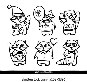 Set of cute cartoon raccoons. Vector line hand drawn isolated illustration. Funny black and white characters. Coloring book pages for kids. Winter holidays card.