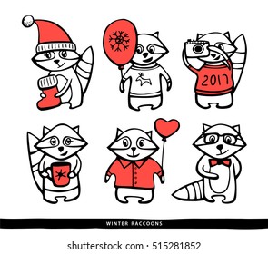 Set of cute cartoon raccoons. Vector hand drawn illustration with red elements. Funny characters. Coloring book pages for kids. Winter holidays card.