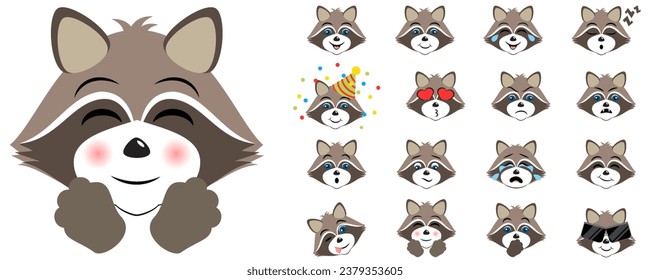 Set of cute cartoon racoons with various emotions