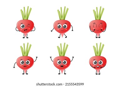 Conjunto de tiernos dibujos animados de verduras del rábano conjunto de caracteres vectoriales aislados en fondo blanco