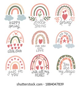 Set of cute, cartoon rainbow with inscriptions about love and spring, in vector graphics on a white background. For the design of postcards, posters, t-shirt prints, covers, wrapping paper, wallpaper.