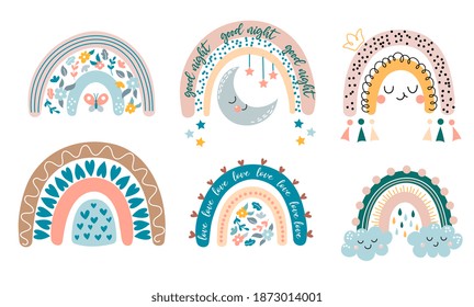 Set of cute cartoon rainbows for kids. Fun print for Baby shower and decor for bedrooms. Cartoon vector illustrations.