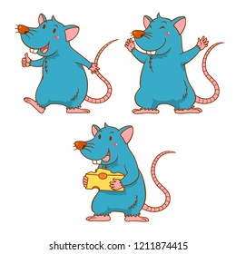 Set of cute cartoon rats in different poses.	