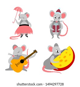 Set of cute cartoon rats isolated on white background. Funny rodents in different situations. Flat vector illustration.