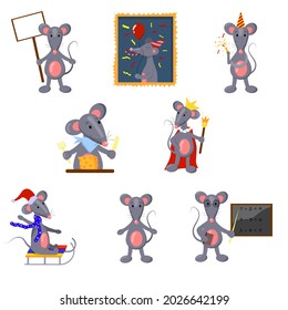 set of cute cartoon rats, vector isolated on a white background