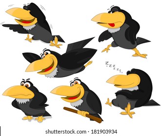 Set of cute cartoon ravens