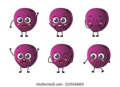 Set of cute cartoon red cabbage vegetables vector character set isolated on white background