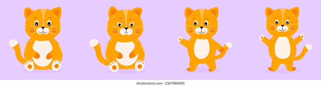 Set of cute cartoon red cats. Happy, grumpy, nice cat. Sitting, walking cat. Funny characters for poster, notebook, for print. Vector illustration