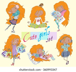 Set of cute cartoon red headed girls in various actions: listening music, shopping, skating, doing yoga, ill, holding smart-phone. Vector illustration