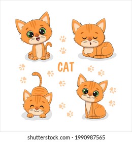 Set of cute cartoon red kitten on a white background. Vector illustration