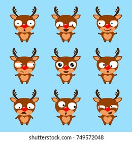 Set of cute cartoon reindeer Rudolph on blue background. Christmas emoji. Vector illustration 