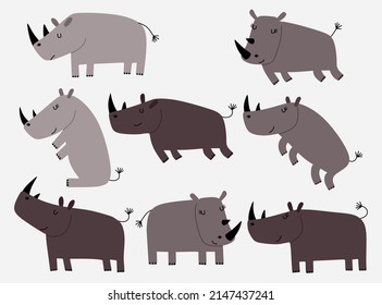 Set of cute cartoon rhino in modern simple flat style.