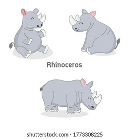 Set of cute cartoon  rhinoceros on white background. 
