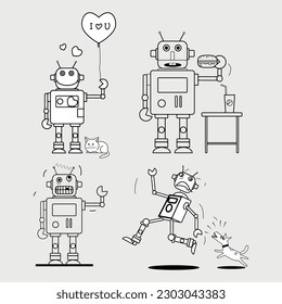 Set of cute cartoon robot character icon line art vector illustration. Isolated on white background.